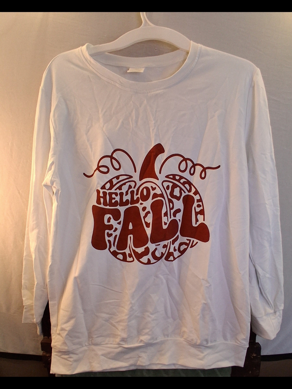 Hello Fall White Long-Sleeve Tee with Pumpkin Graphic